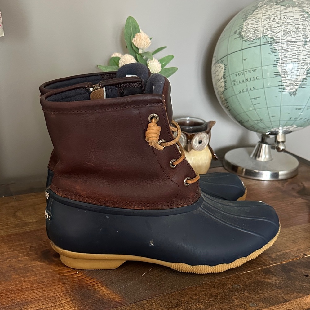 Sperry women’s  Brown Leather and Navy Rubber Rain Boots